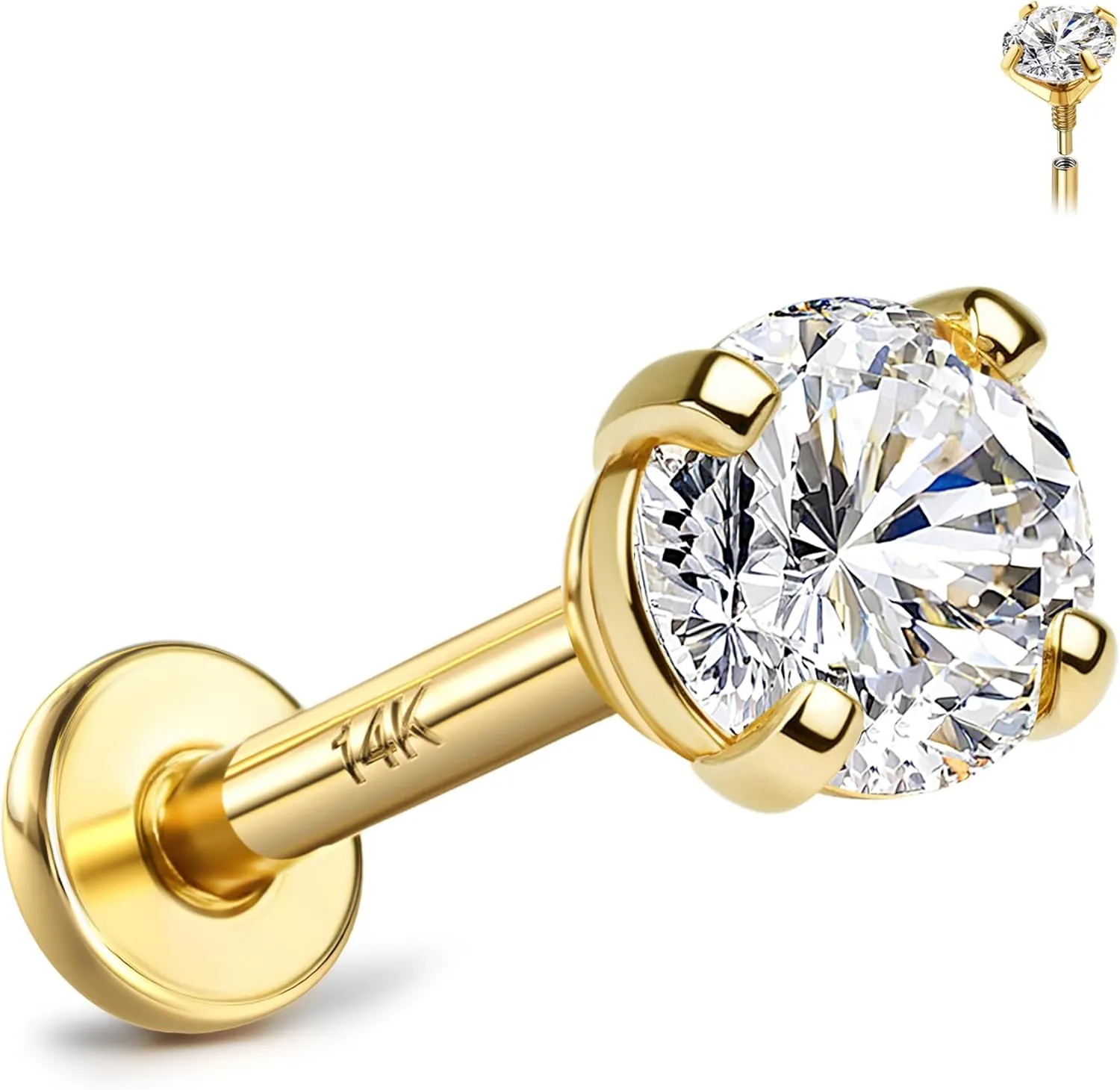 14K Solid Gold Flat Back Earrings Hypoallergenic - 18G Cartilage Tragus Conch Helix Piercing Jewelry Extended Internal Thread Labret Lip Nose Studs for Women Men Simulated Diamond CZ 2/3/4mm