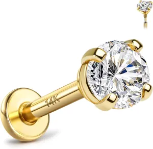 14K Solid Gold Flat Back Earrings Hypoallergenic - 18G Cartilage Tragus Conch Helix Piercing Jewelry Extended Internal Thread Labret Lip Nose Studs for Women Men Simulated Diamond CZ 2/3/4mm