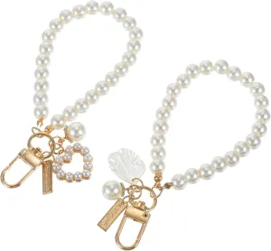 2 Pcs Pearl Keychain Wristlet Bag Charms Pearl Chain For Purse Gold Women's Imitation Pearl Chain Key Chain Backpack Key Pendant Accessories Key Ring Charm Gifts Car Keychains Car Accessories