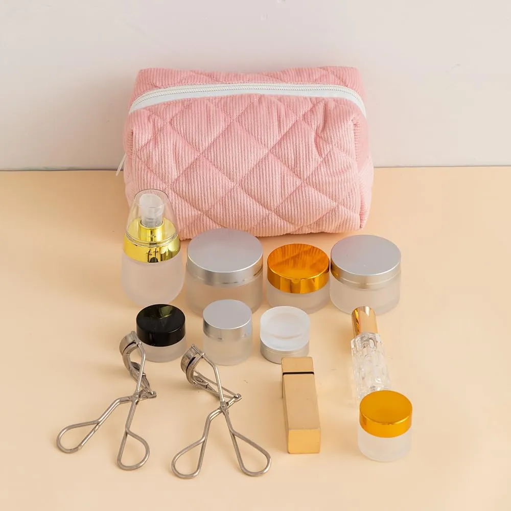 2 Pieces Makeup Bag Large Quilted Cosmetic Bag Capacity Corduroy Travel Toiletry Bag Organizer Cute Makeup Brushes Aesthetic Accessories Storage Bag for Women, Pink