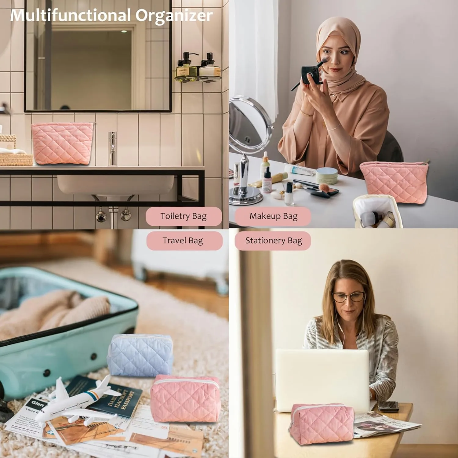 2 Pieces Makeup Bag Large Quilted Cosmetic Bag Capacity Corduroy Travel Toiletry Bag Organizer Cute Makeup Brushes Aesthetic Accessories Storage Bag for Women, Pink