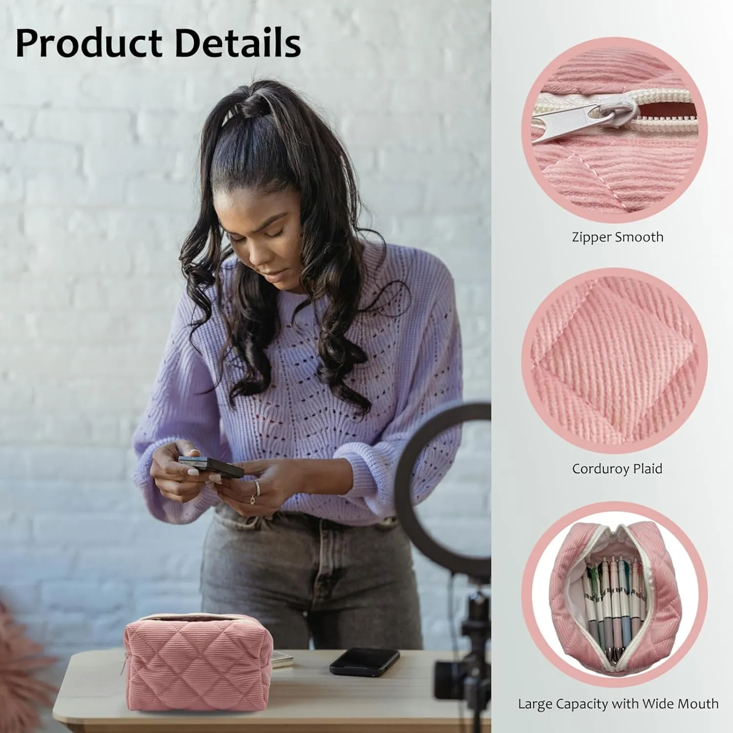 2 Pieces Makeup Bag Large Quilted Cosmetic Bag Capacity Corduroy Travel Toiletry Bag Organizer Cute Makeup Brushes Aesthetic Accessories Storage Bag for Women, Pink