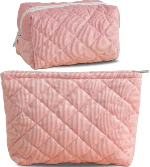 2 Pieces Makeup Bag Large Quilted Cosmetic Bag Capacity Corduroy Travel Toiletry Bag Organizer Cute Makeup Brushes Aesthetic Accessories Storage Bag for Women, Pink