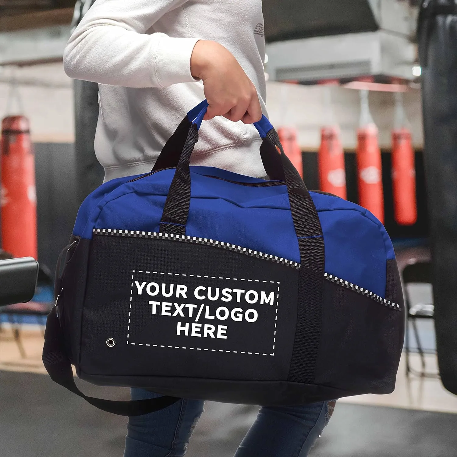 24 Center Court Duffel Bags Set - Customizable Text, Logo - Polyester, Zippered, Front Pocket, Adjustable Strap - Blue