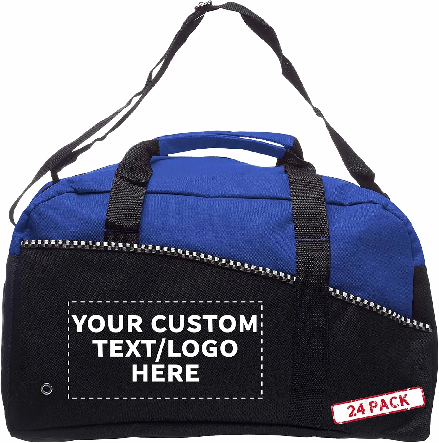 24 Center Court Duffel Bags Set - Customizable Text, Logo - Polyester, Zippered, Front Pocket, Adjustable Strap - Blue