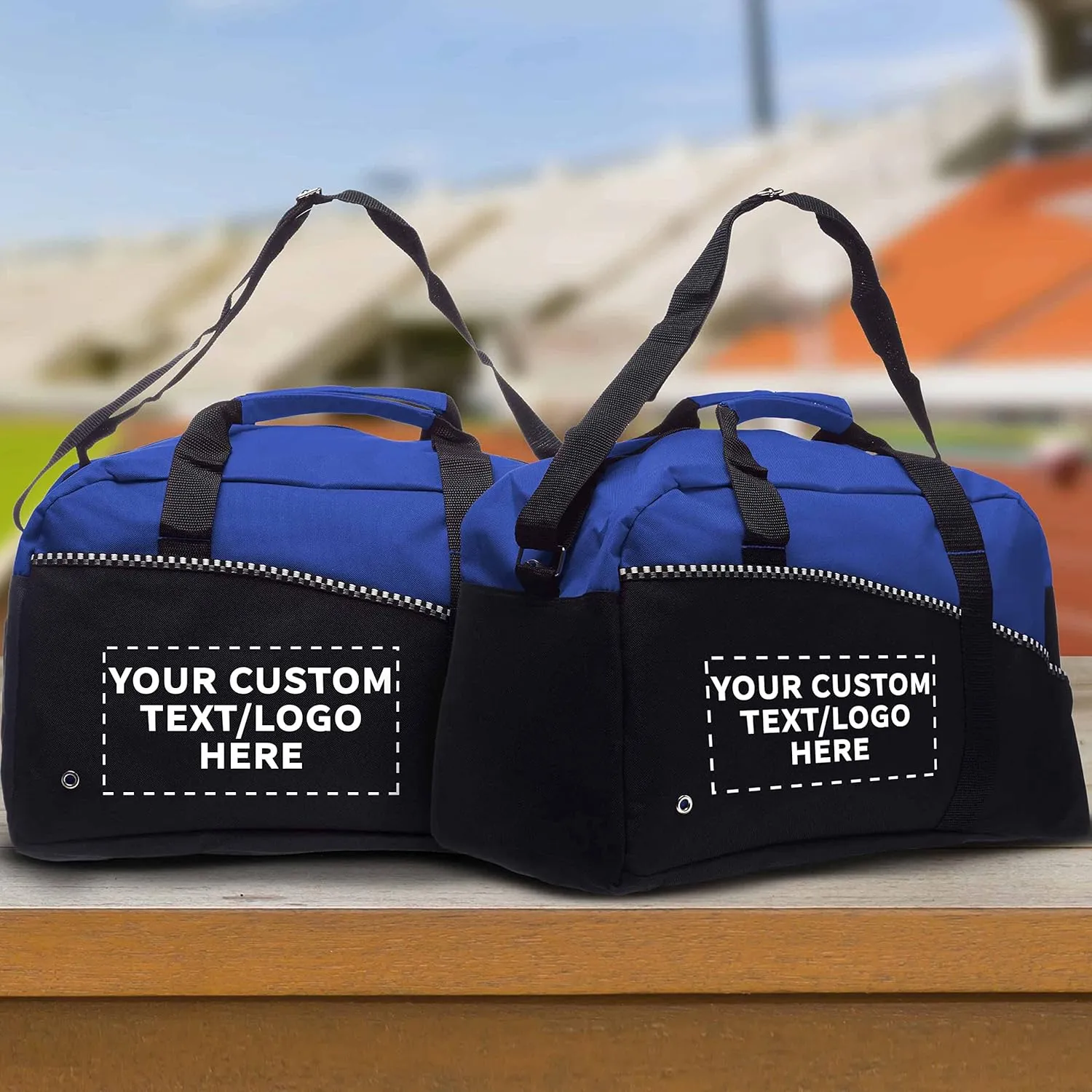 24 Center Court Duffel Bags Set - Customizable Text, Logo - Polyester, Zippered, Front Pocket, Adjustable Strap - Blue