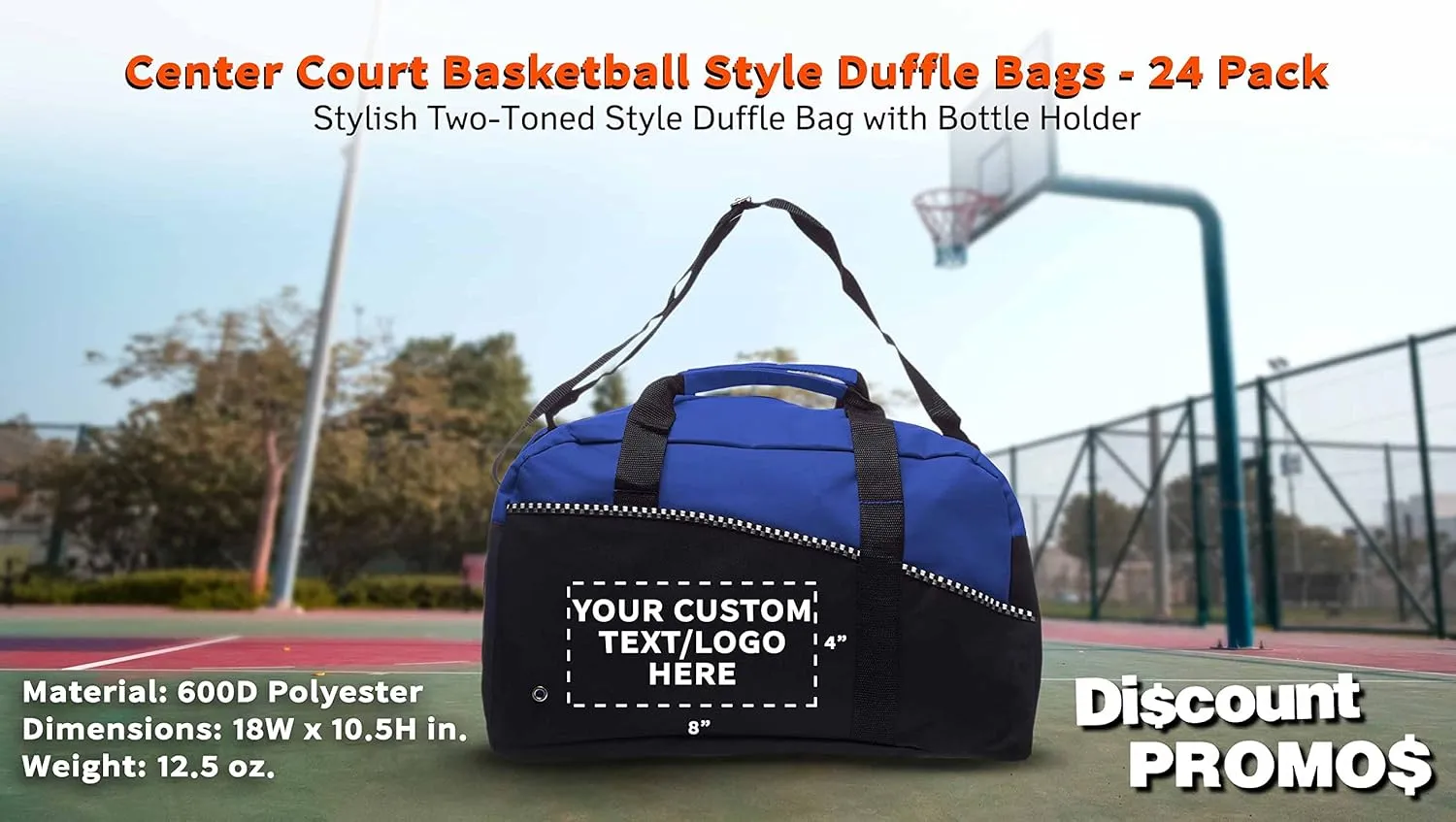 24 Center Court Duffel Bags Set - Customizable Text, Logo - Polyester, Zippered, Front Pocket, Adjustable Strap - Blue