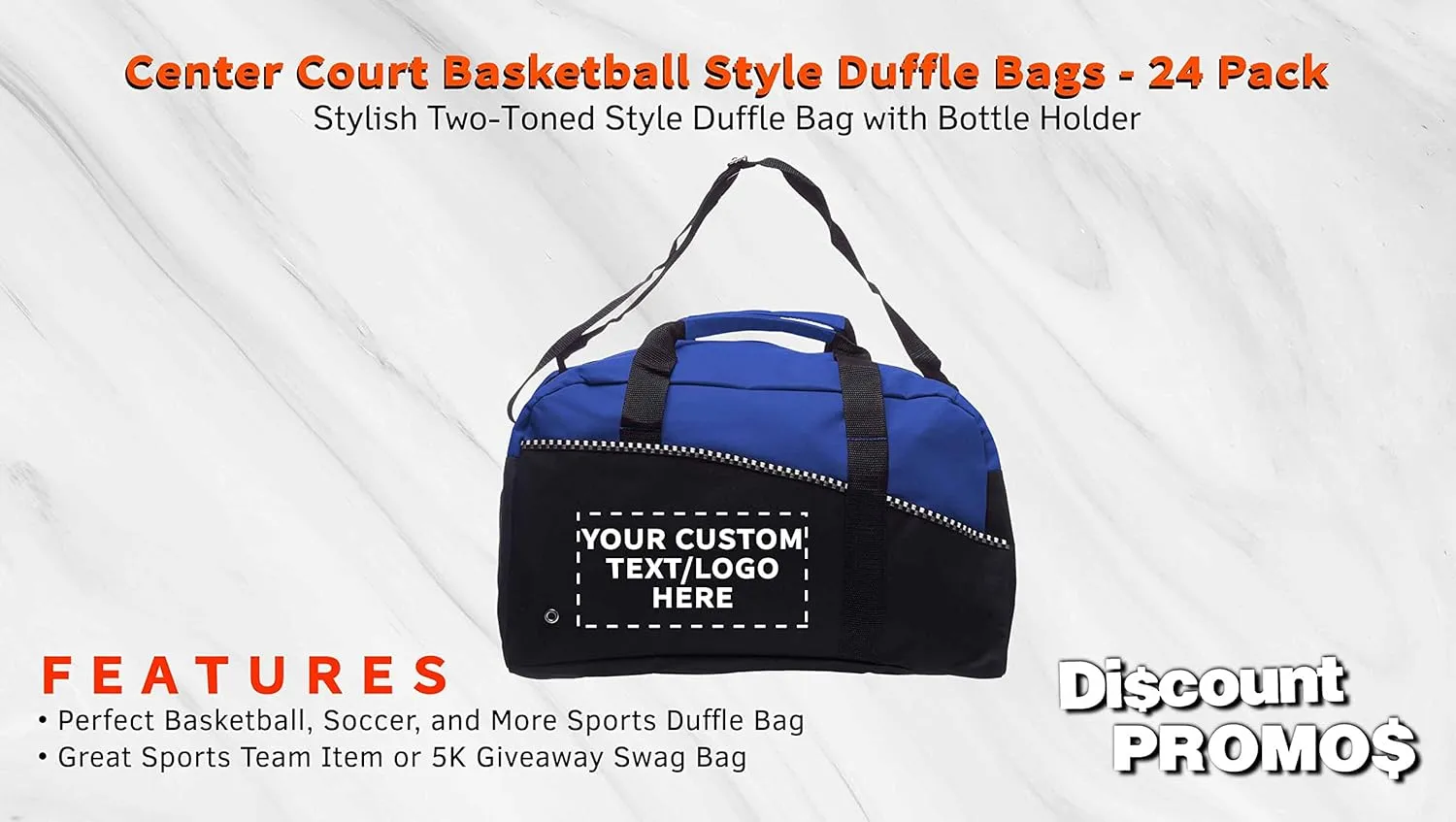 24 Center Court Duffel Bags Set - Customizable Text, Logo - Polyester, Zippered, Front Pocket, Adjustable Strap - Blue