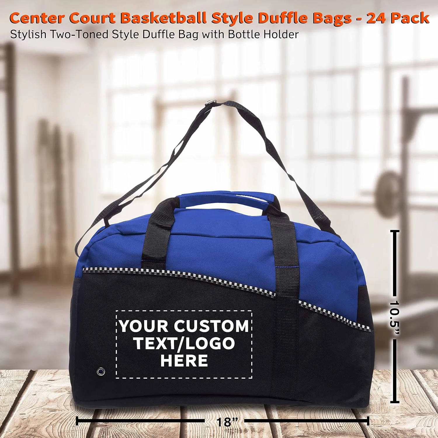 24 Center Court Duffel Bags Set - Customizable Text, Logo - Polyester, Zippered, Front Pocket, Adjustable Strap - Blue