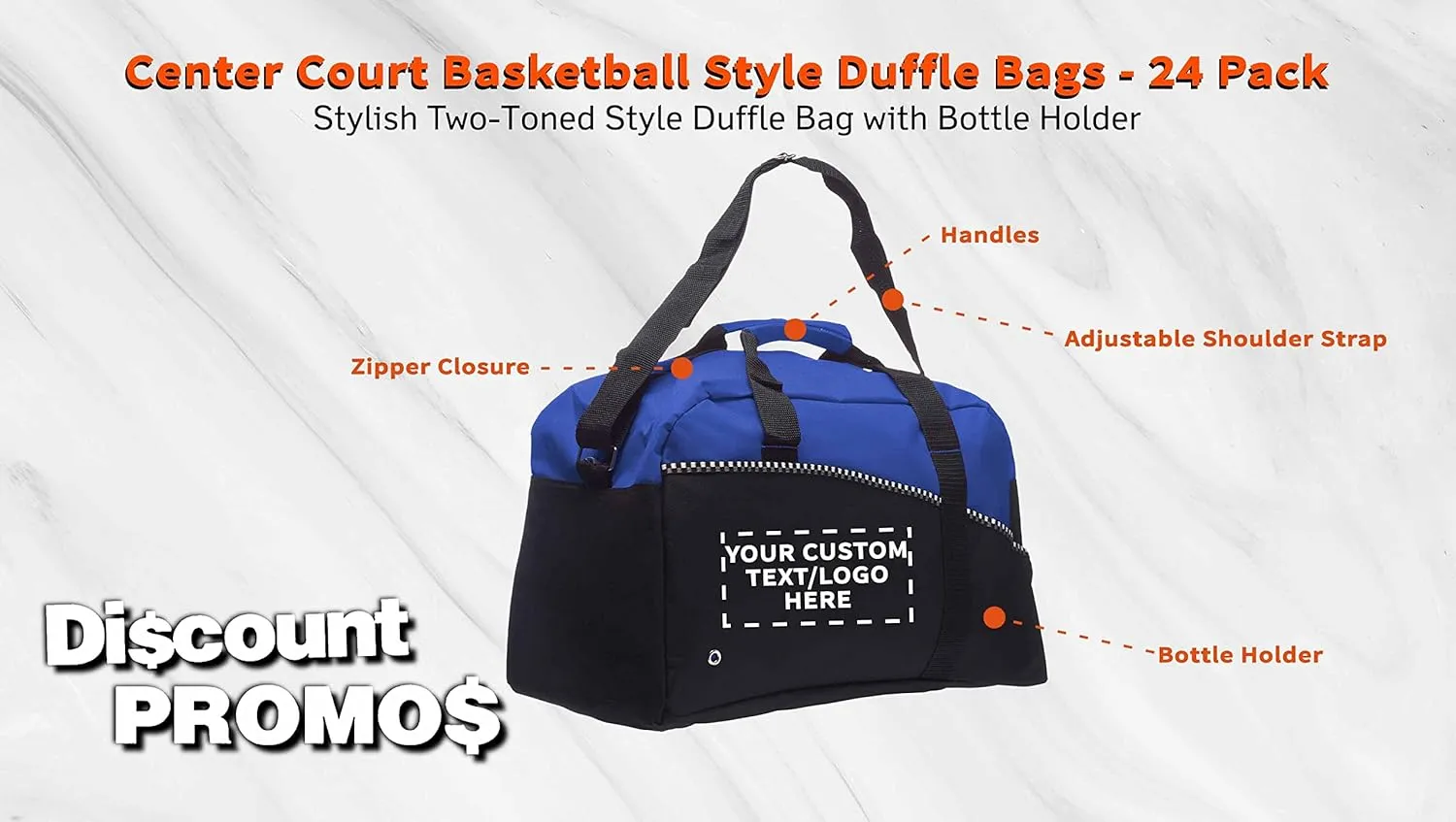 24 Center Court Duffel Bags Set - Customizable Text, Logo - Polyester, Zippered, Front Pocket, Adjustable Strap - Blue