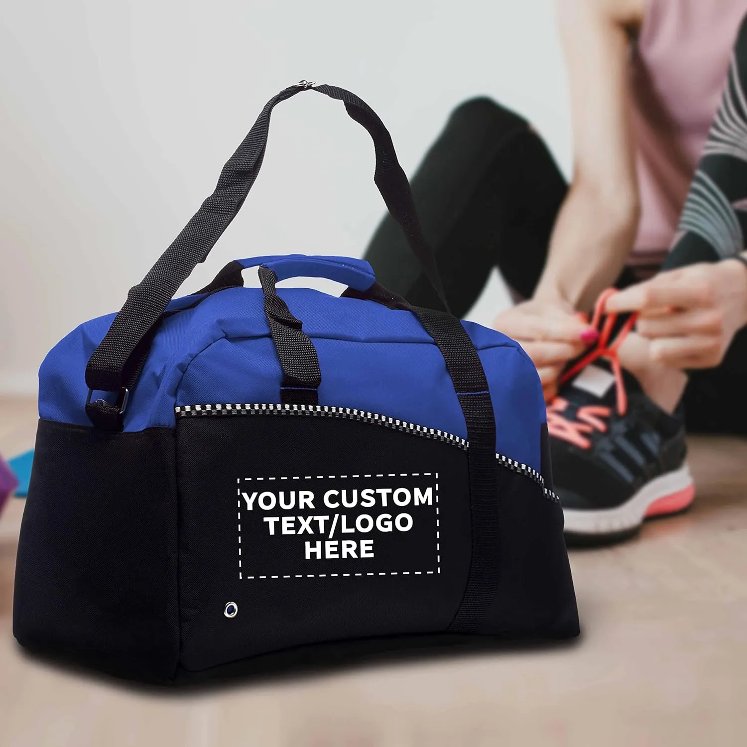 24 Center Court Duffel Bags Set - Customizable Text, Logo - Polyester, Zippered, Front Pocket, Adjustable Strap - Blue