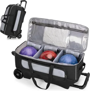 3 Ball Roller Bowling Bag with Multi Accessory Pockets and Shoes Compartment, Fits 2 Pairs of Size 16 Shoes, 3 Ball Bowling Bags with Large Wheels and Retractable Handle Extends to 41.5"
