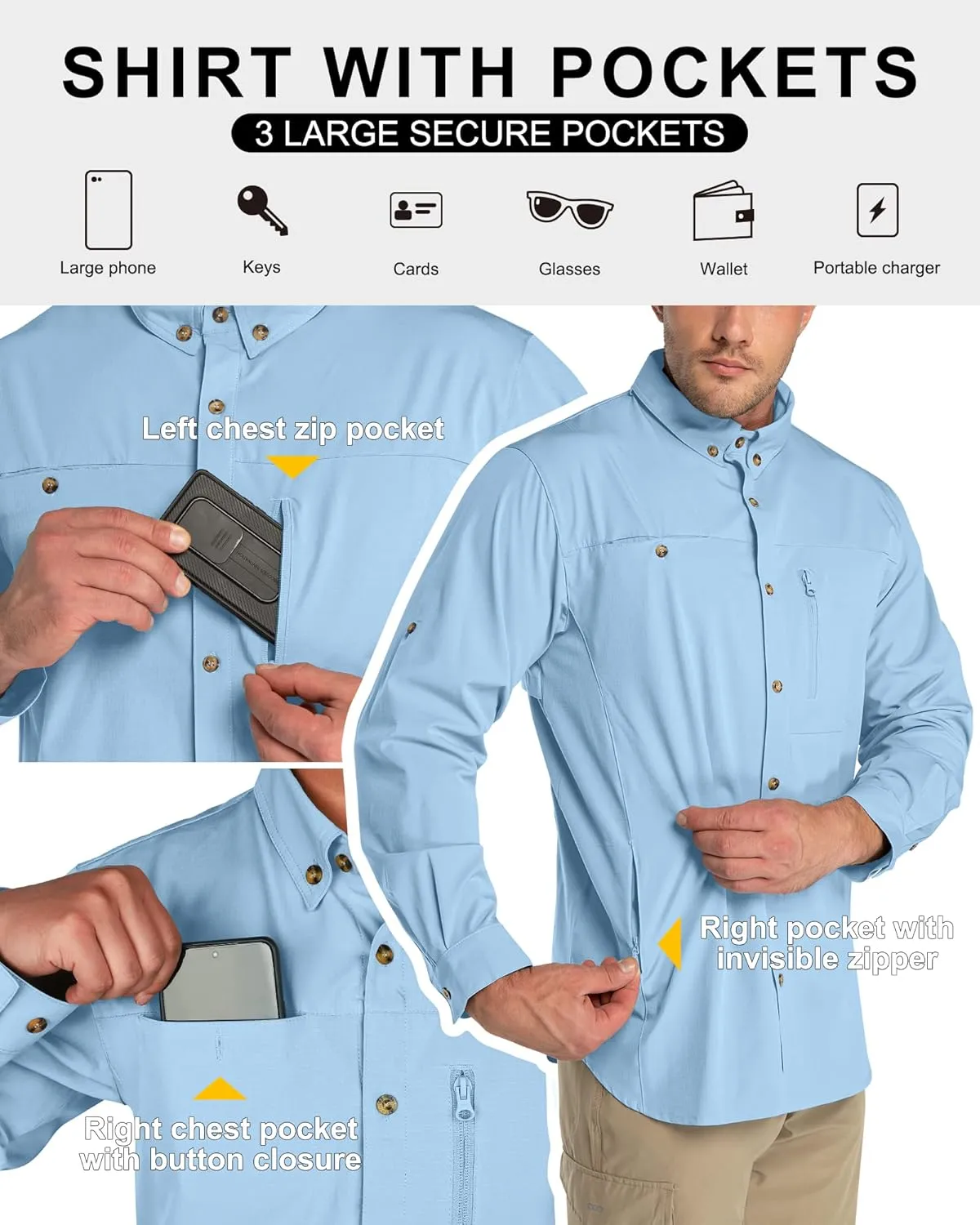 33,000ft Men's UPF 50  UV Protection Long Sleeve Hiking Shirts Breathable Quick Dry Fishing Shirts for Safari, Outdoor
