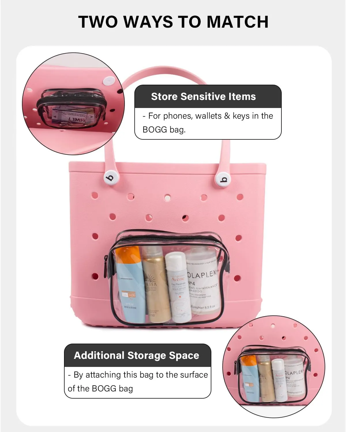 4 Pack Clear Bogg Beach Makup Bag Accessories with 3 Pack Insert Hooks for Bogg Bags, Clear Bogg Makeup Pouches Phone Holder for Bogg Bags Divider Storage Inner Compatible Pouch Travel Cosmetic Bag