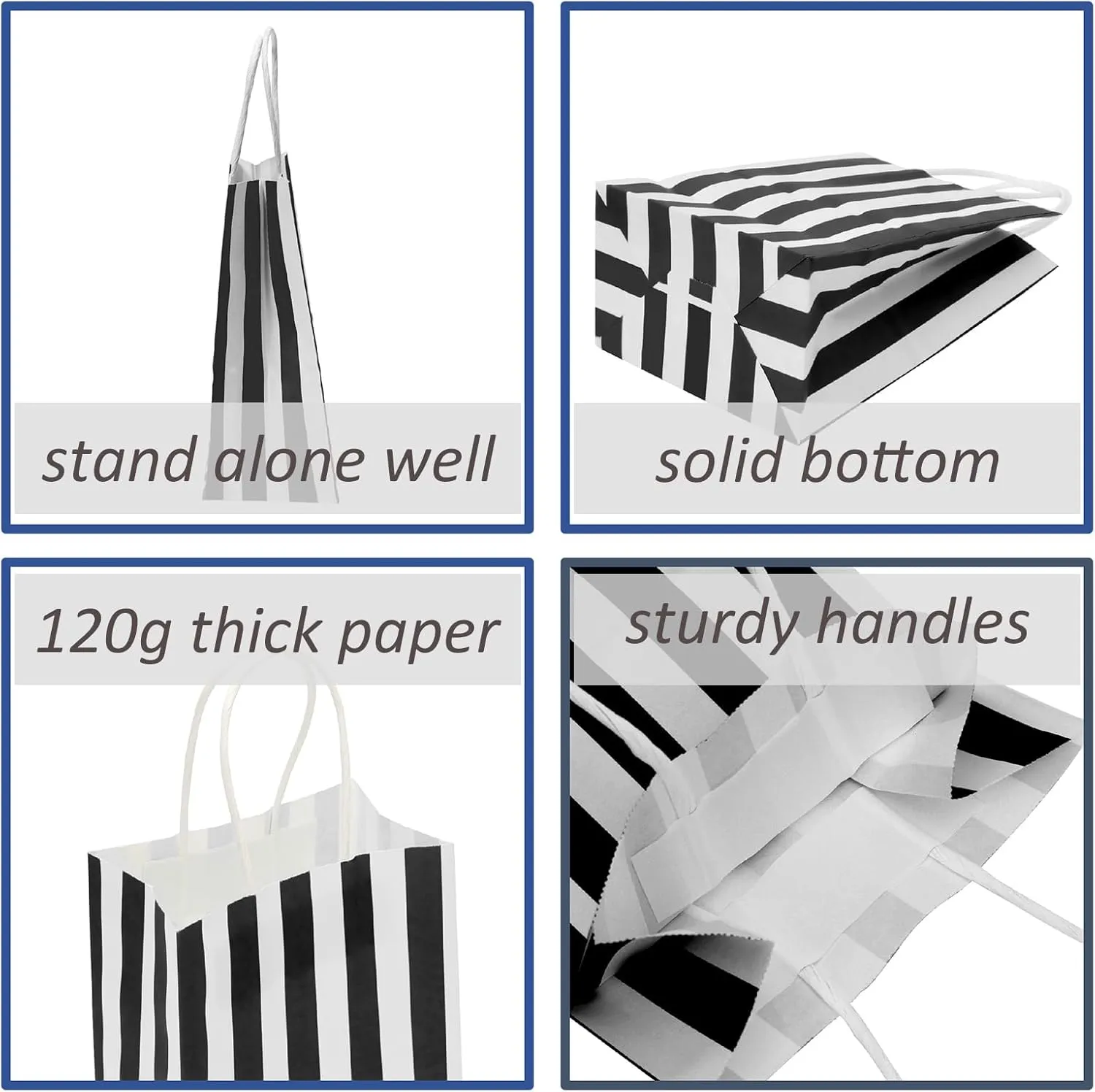 50Pcs Gift Bags Small 5.25x3.25x8 Inches Black And White Gift Bags Recycled Striped Paper Bag For Party, Shopping, Goodie, Birthday, Retail, Graduation, Halloween, Christmas