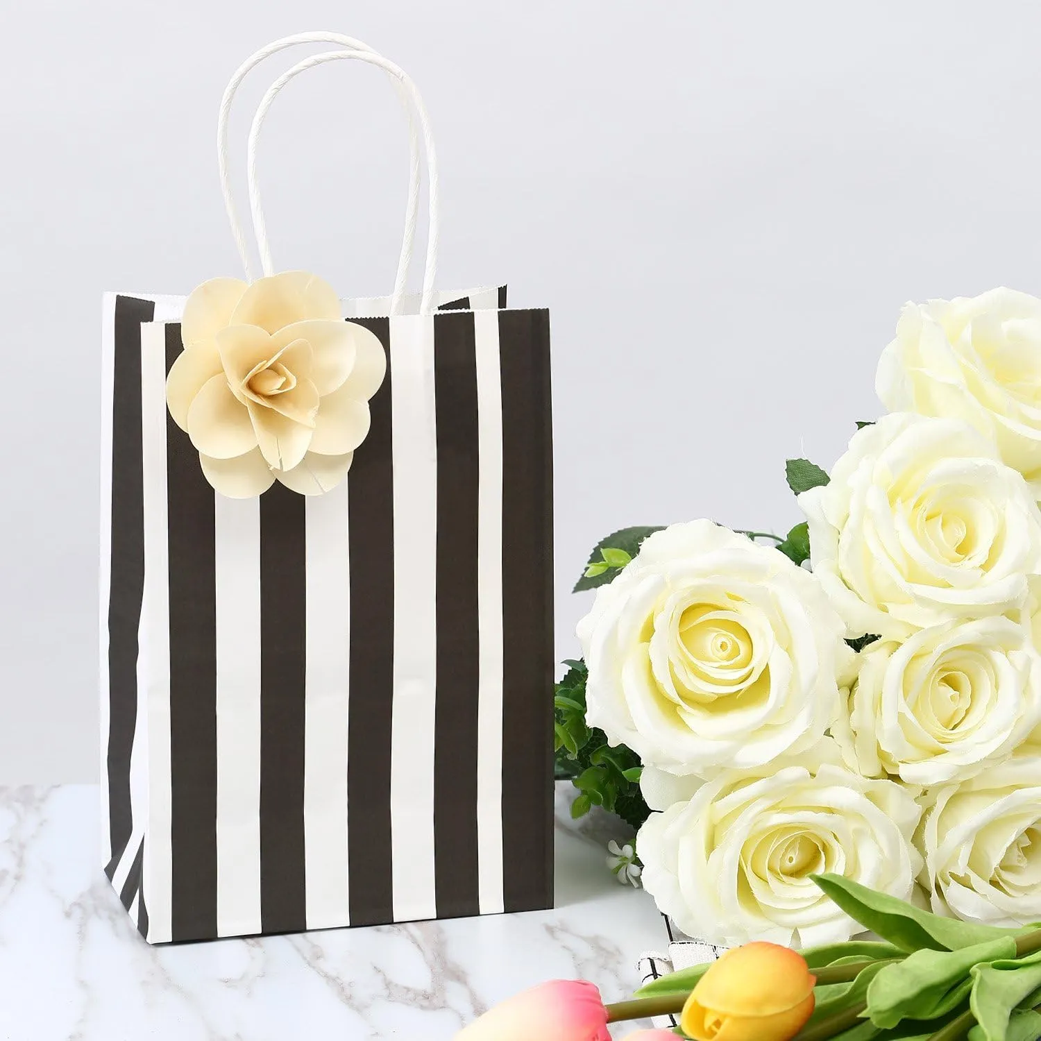 50Pcs Gift Bags Small 5.25x3.25x8 Inches Black And White Gift Bags Recycled Striped Paper Bag For Party, Shopping, Goodie, Birthday, Retail, Graduation, Halloween, Christmas