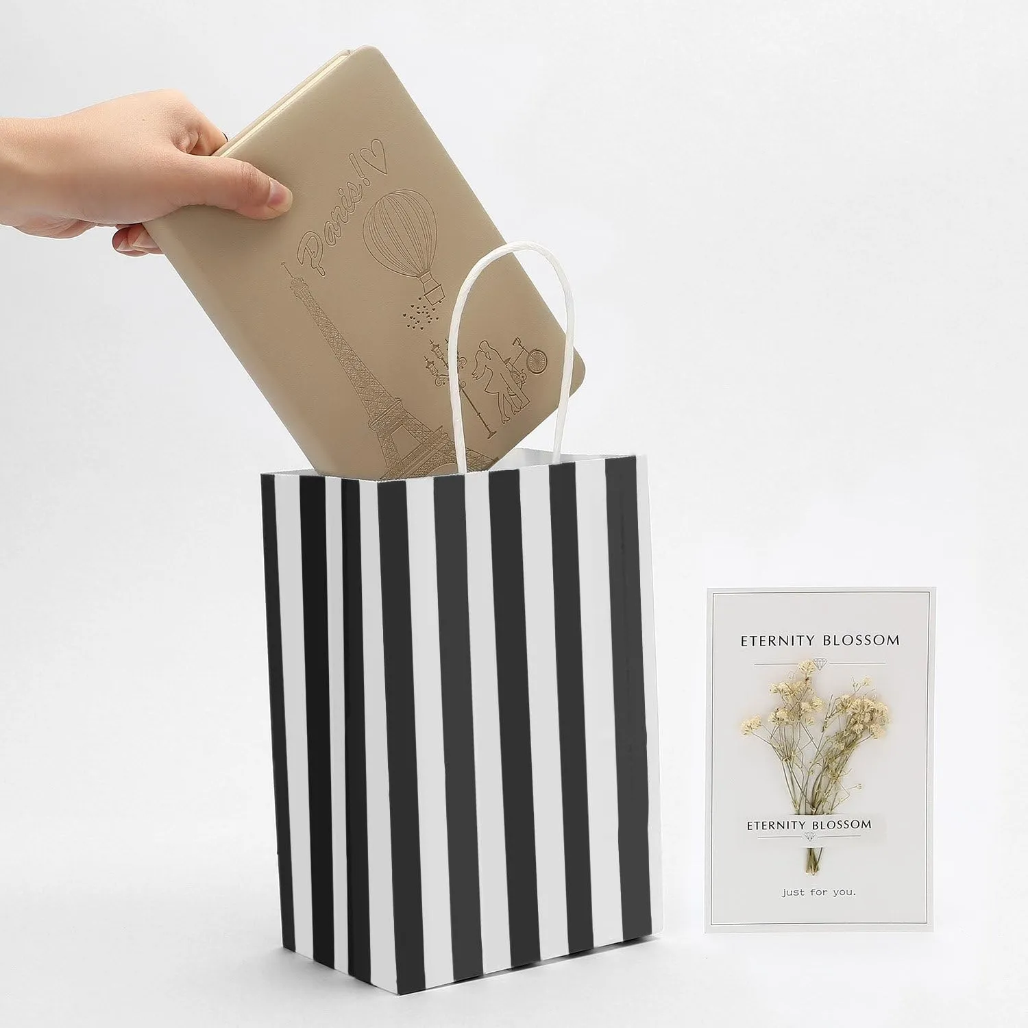 50Pcs Gift Bags Small 5.25x3.25x8 Inches Black And White Gift Bags Recycled Striped Paper Bag For Party, Shopping, Goodie, Birthday, Retail, Graduation, Halloween, Christmas