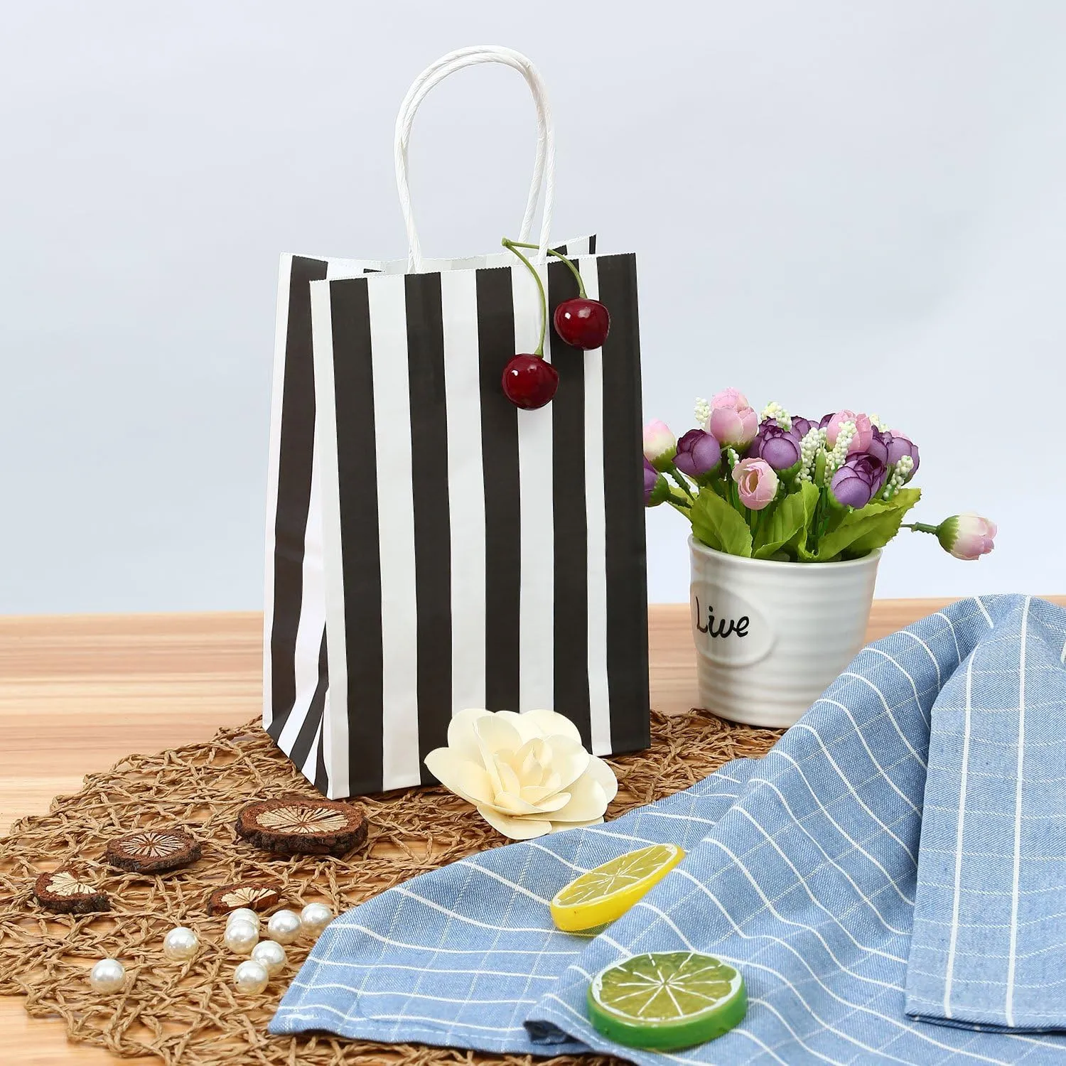 50Pcs Gift Bags Small 5.25x3.25x8 Inches Black And White Gift Bags Recycled Striped Paper Bag For Party, Shopping, Goodie, Birthday, Retail, Graduation, Halloween, Christmas