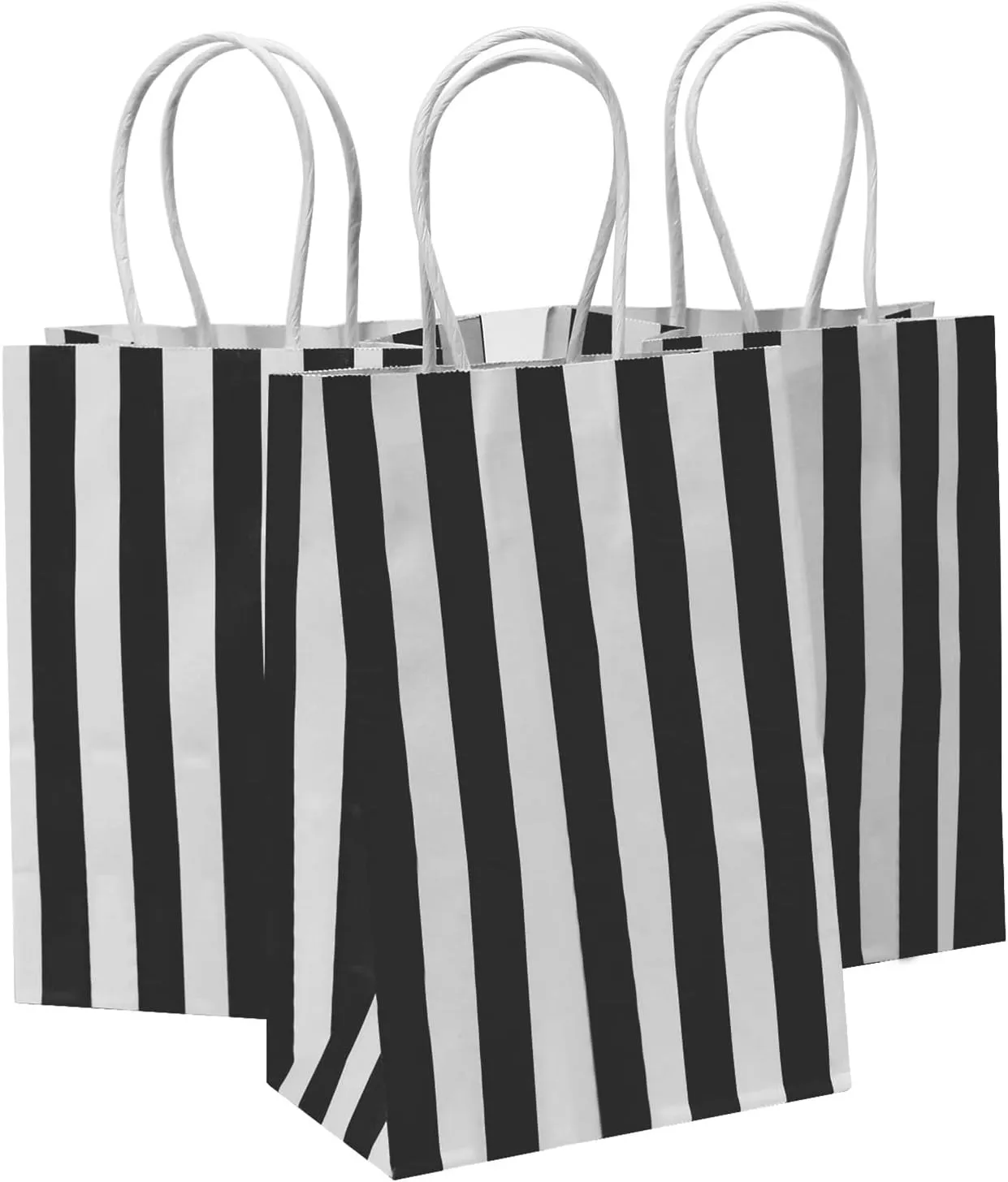 50Pcs Gift Bags Small 5.25x3.25x8 Inches Black And White Gift Bags Recycled Striped Paper Bag For Party, Shopping, Goodie, Birthday, Retail, Graduation, Halloween, Christmas