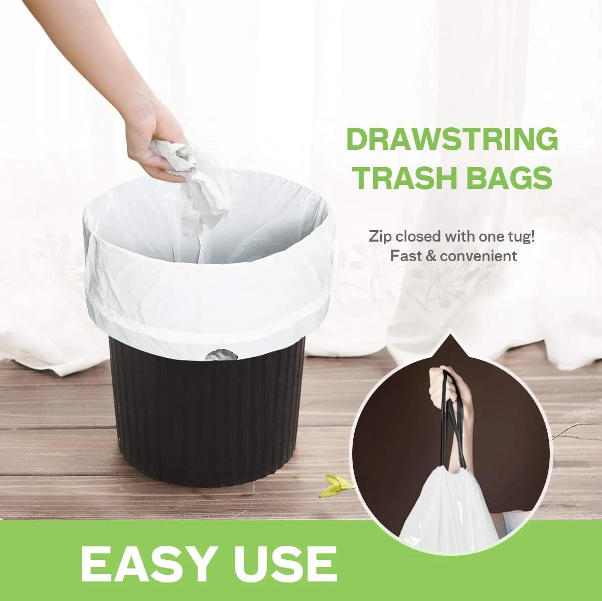 6 Gallon 100pcs Strong Drawstring Trash Bags Garbage Bags by Teivio, Bathroom Trash Can Bin Liners, Plastic Bags for home office kitchen, White