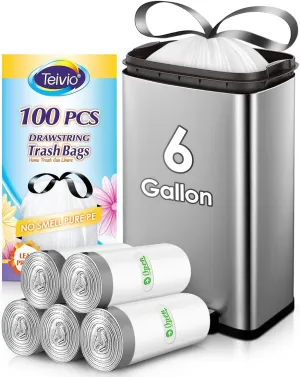 6 Gallon 100pcs Strong Drawstring Trash Bags Garbage Bags by Teivio, Bathroom Trash Can Bin Liners, Plastic Bags for home office kitchen, White