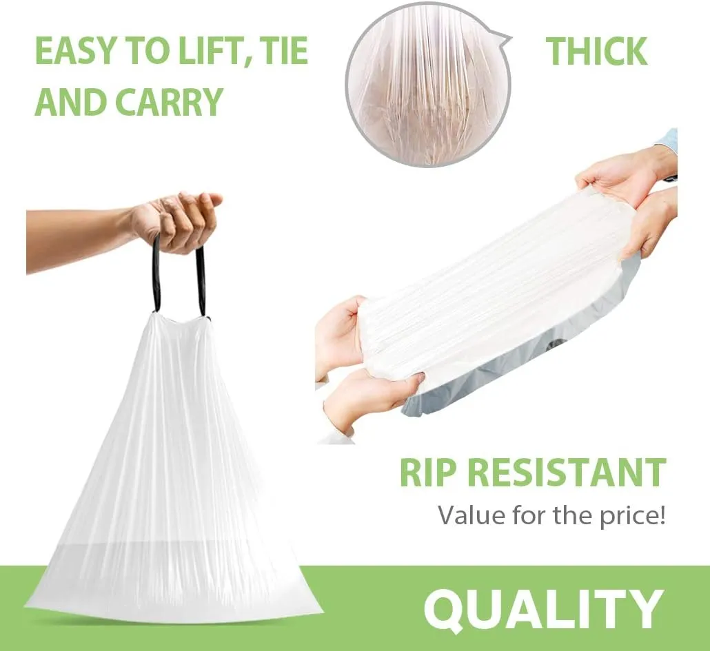 6 Gallon 100pcs Strong Drawstring Trash Bags Garbage Bags by Teivio, Bathroom Trash Can Bin Liners, Plastic Bags for home office kitchen, White