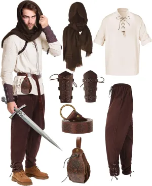 6 Pcs Men's Renaissance Viking Costume Medieval Pirate Shirt Pant Accessories Set for Halloween