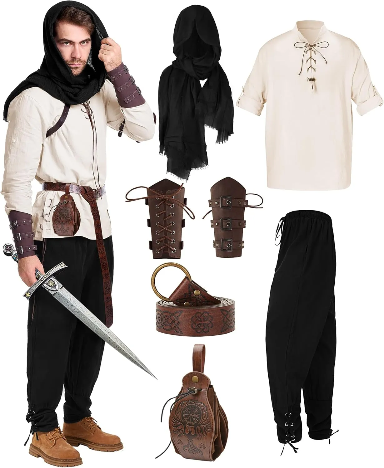 6 Pcs Men's Renaissance Viking Costume Medieval Pirate Shirt Pant Accessories Set for Halloween