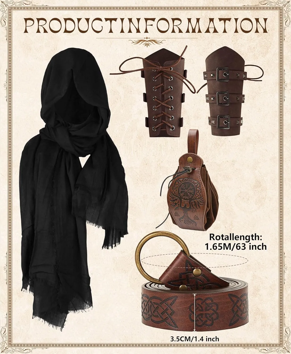 6 Pcs Men's Renaissance Viking Costume Medieval Pirate Shirt Pant Accessories Set for Halloween