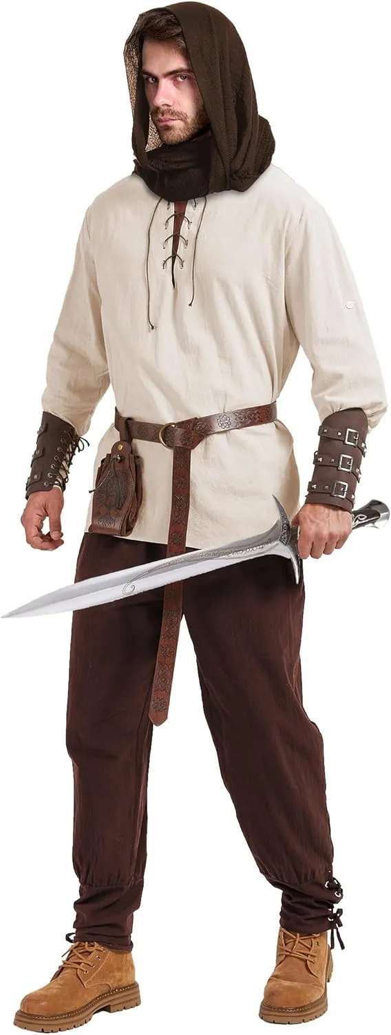 6 Pcs Men's Renaissance Viking Costume Medieval Pirate Shirt Pant Accessories Set for Halloween