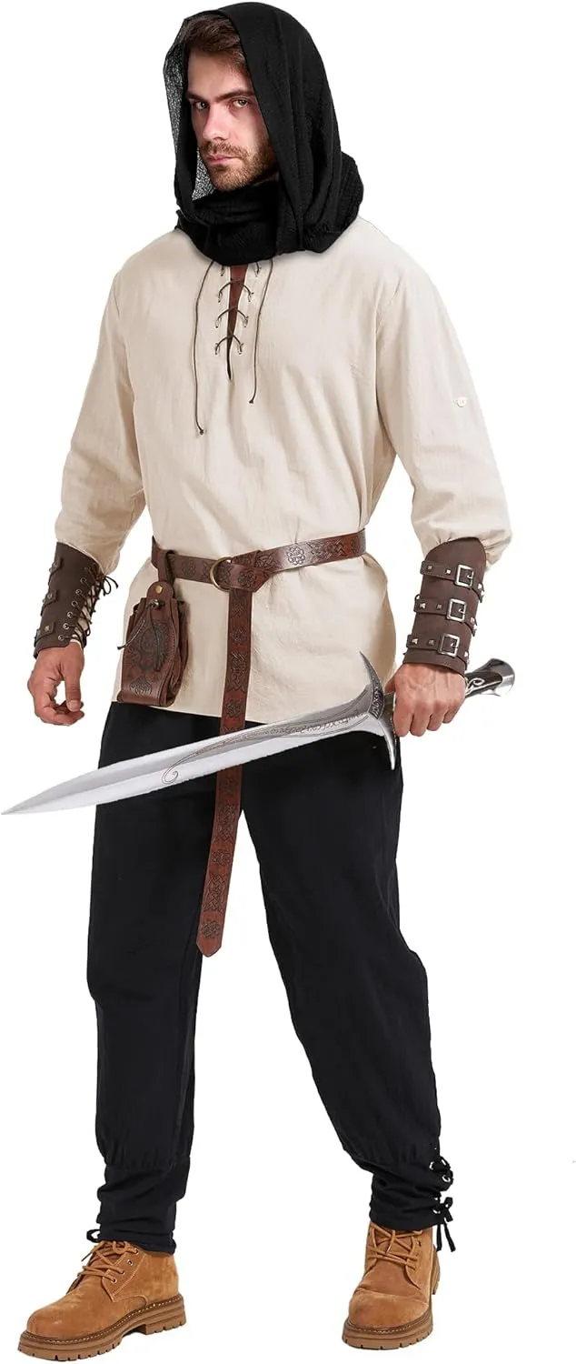 6 Pcs Men's Renaissance Viking Costume Medieval Pirate Shirt Pant Accessories Set for Halloween
