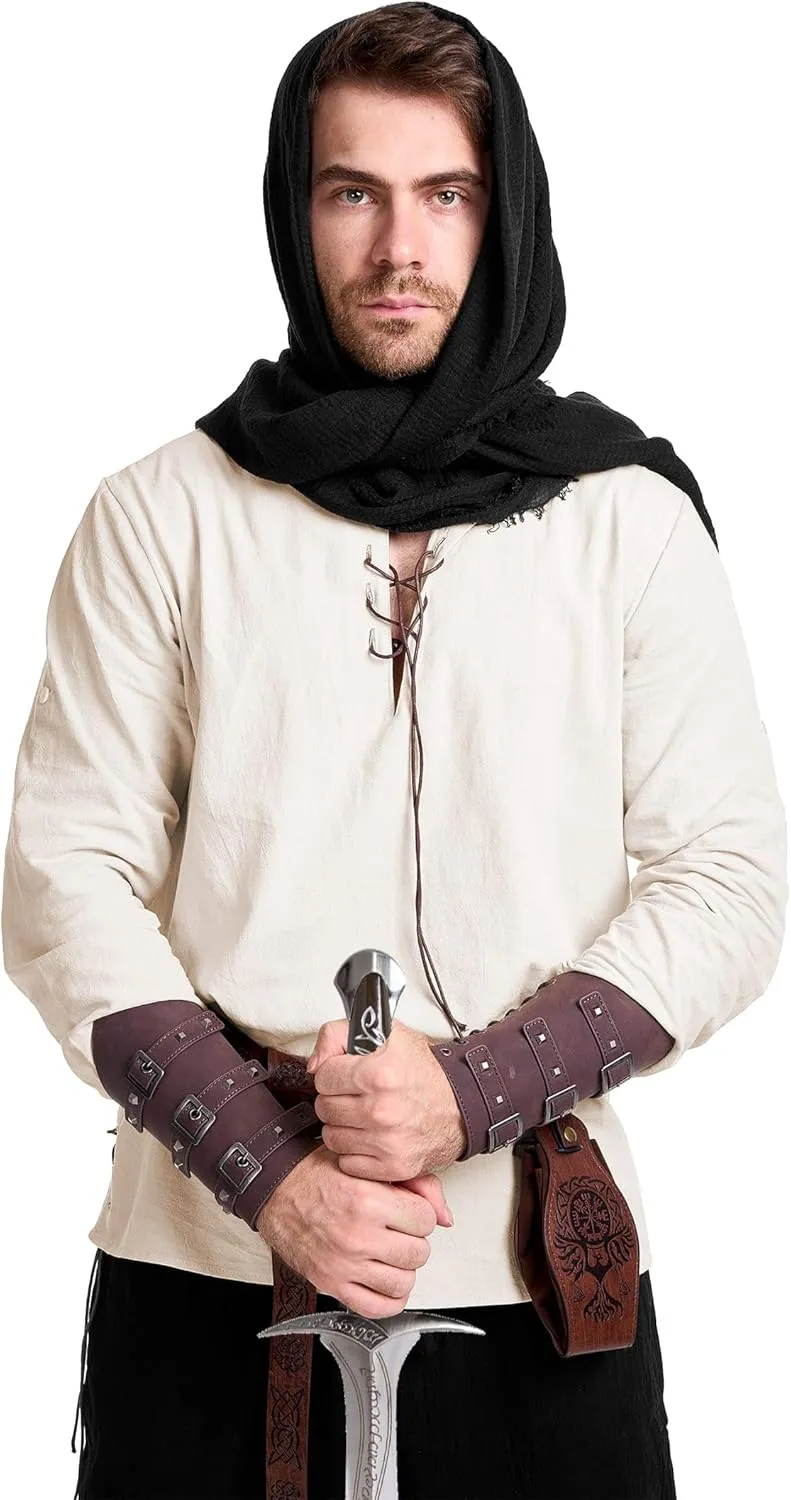 6 Pcs Men's Renaissance Viking Costume Medieval Pirate Shirt Pant Accessories Set for Halloween