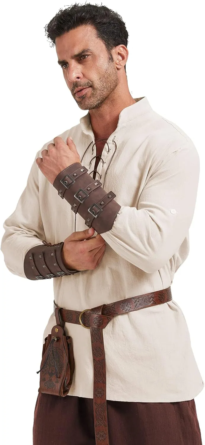 6 Pcs Men's Renaissance Viking Costume Medieval Pirate Shirt Pant Accessories Set for Halloween