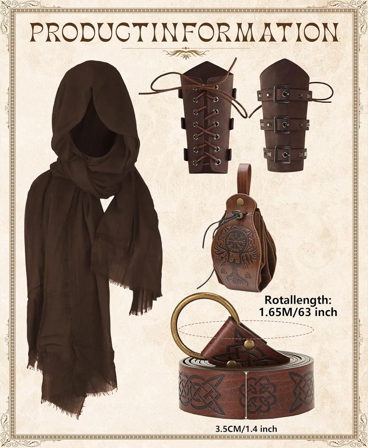 6 Pcs Men's Renaissance Viking Costume Medieval Pirate Shirt Pant Accessories Set for Halloween