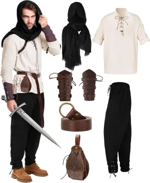 6 Pcs Men's Renaissance Viking Costume Medieval Pirate Shirt Pant Accessories Set for Halloween