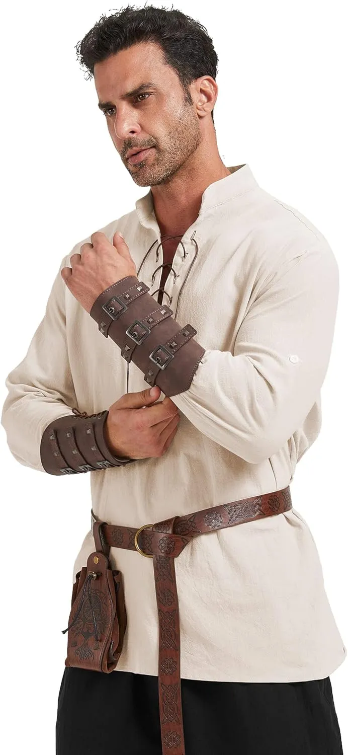 6 Pcs Men's Renaissance Viking Costume Medieval Pirate Shirt Pant Accessories Set for Halloween