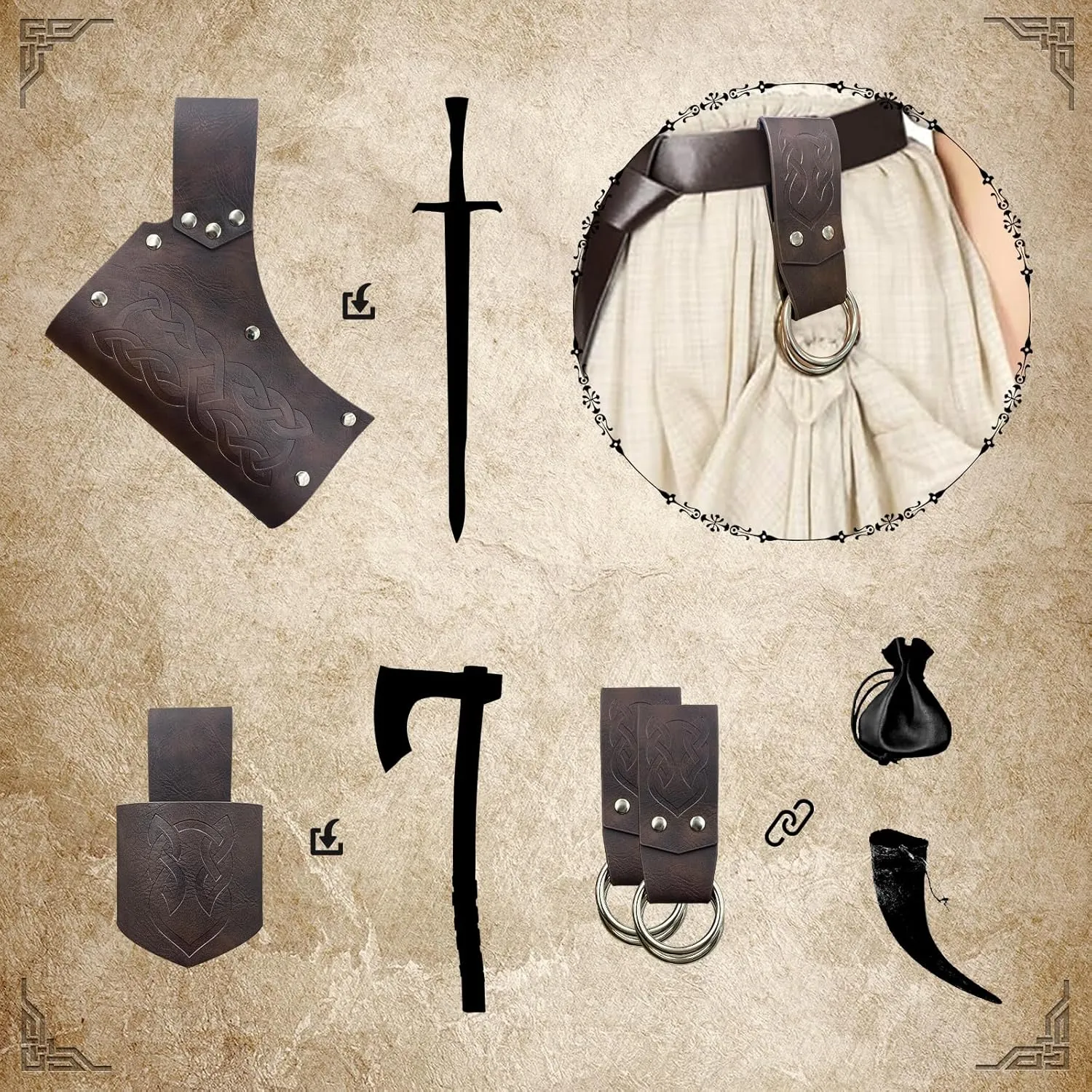 6 PCs Renaissance Belt Costume Accessories Pouch Skirt Sword Frog Viking Horn Belt Holster
