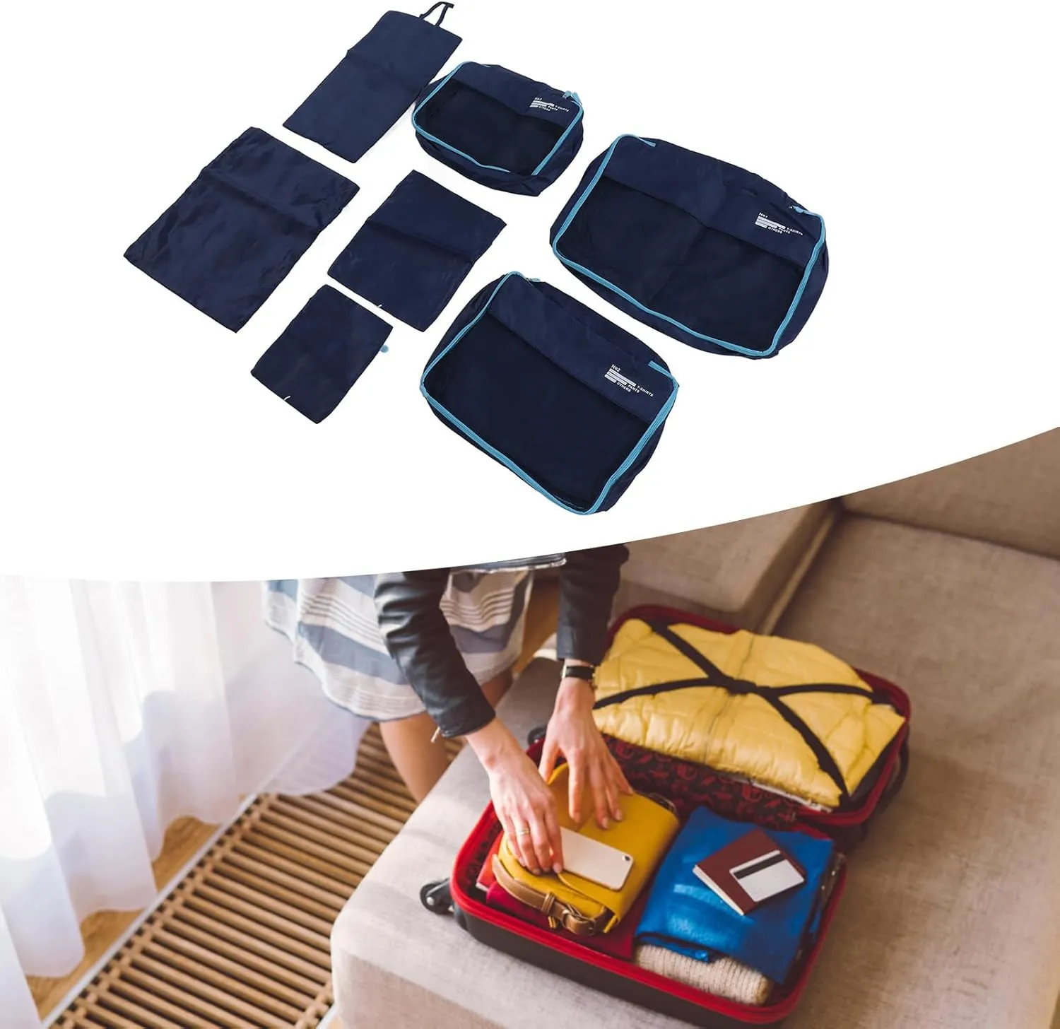 7 Pcs Luggage Packing Bags Polyester Waterproof Luggage Packing Cubes for Business Trip Travel (Navy Blue)