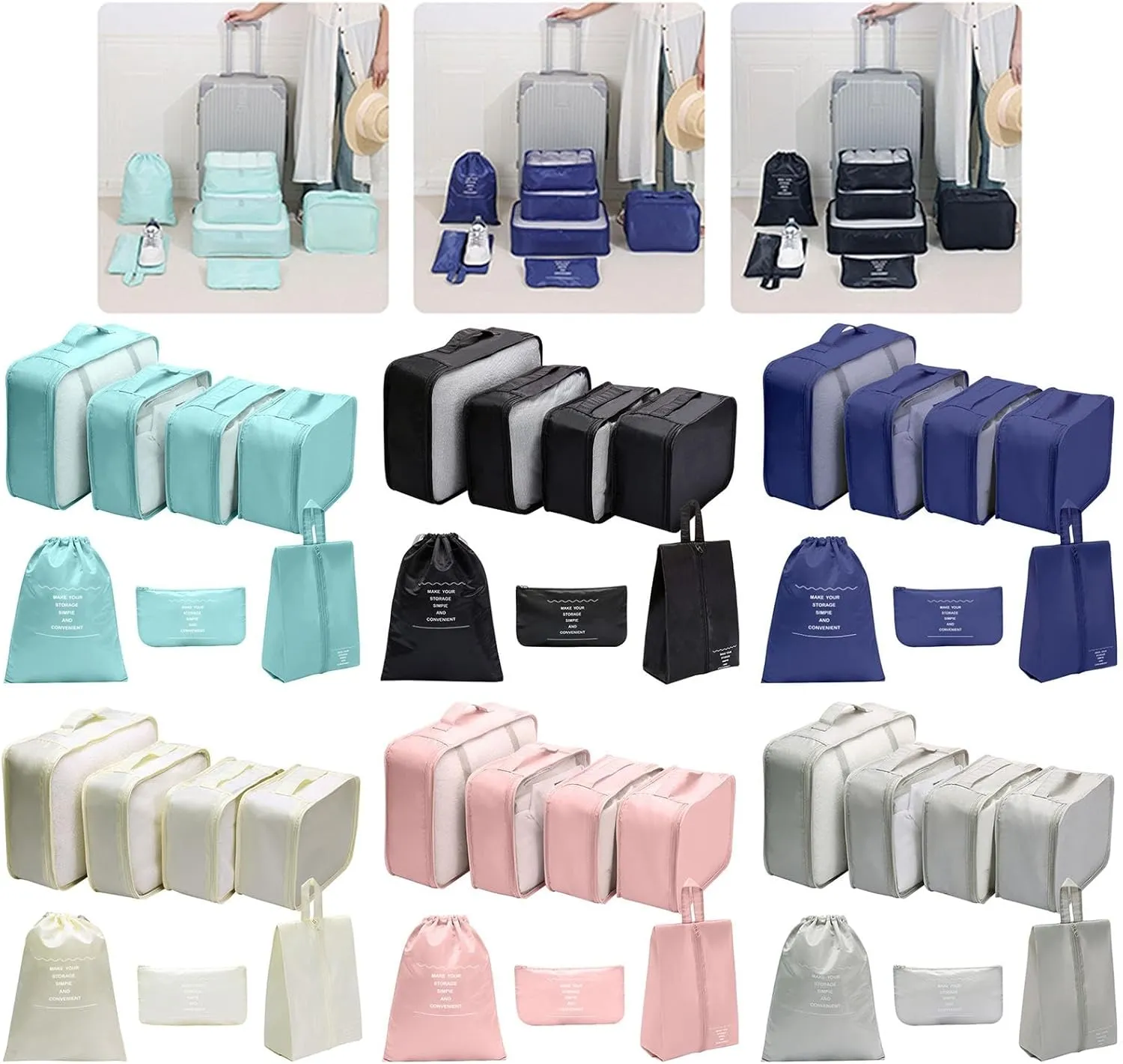 7Pcs/Set Luggage Bags for Travel Waterproof Packing Cube Storage Bags for Suitcases with Drawstring Bags