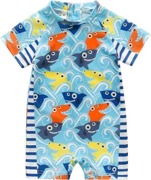 AIWUHE Boys One Piece Swimsuit Toddler Swimwear Rash Guard Suits Short Sleeve Zipper Bathing Suit UPF 50  Beach Sunsuit 6M-3Y