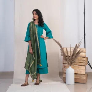 Akiso Blue Round Neck With Pintucks With Palazzo And Green Dupatta (Set of 3)