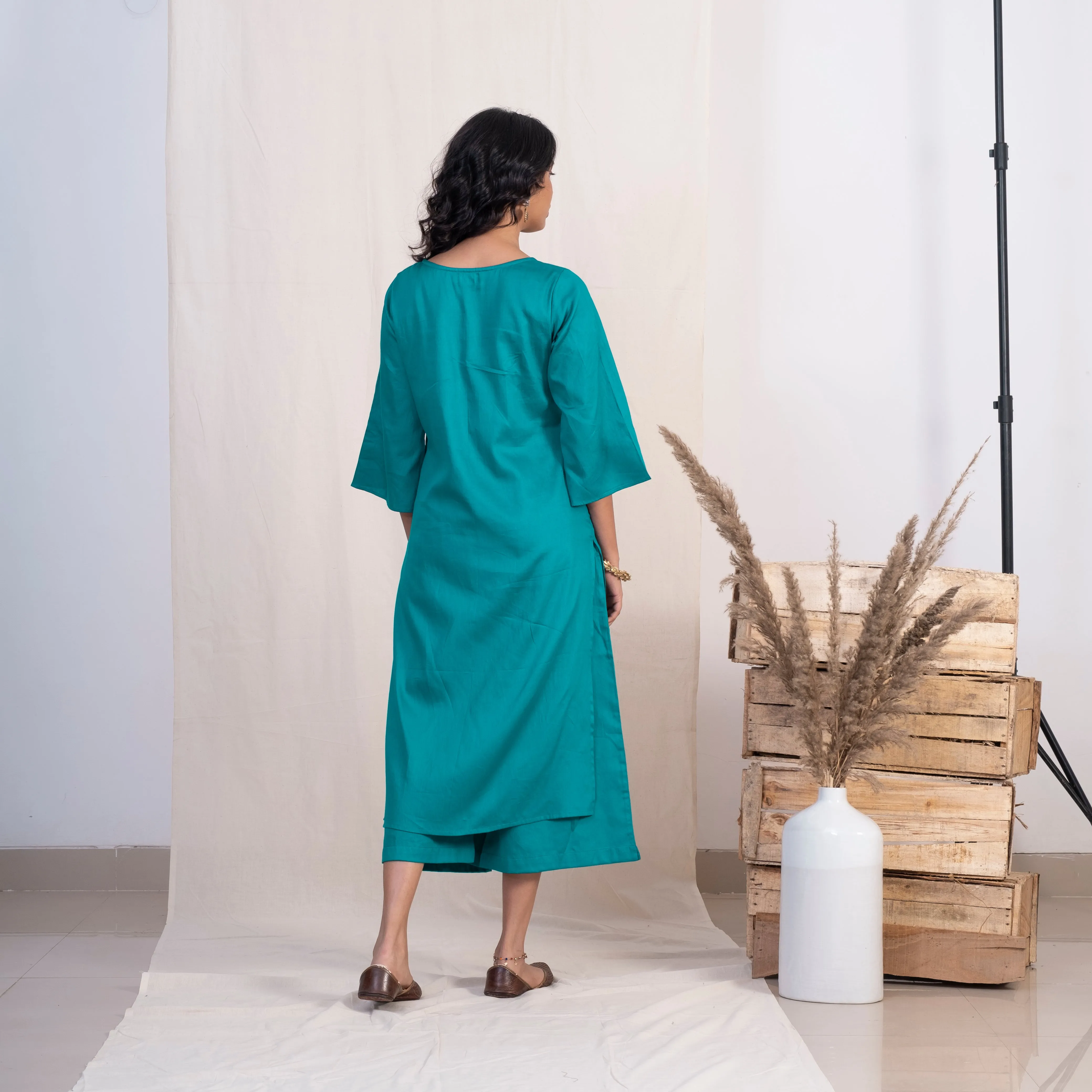 Akiso Blue Round Neck With Pintucks With Palazzo And Green Dupatta (Set of 3)