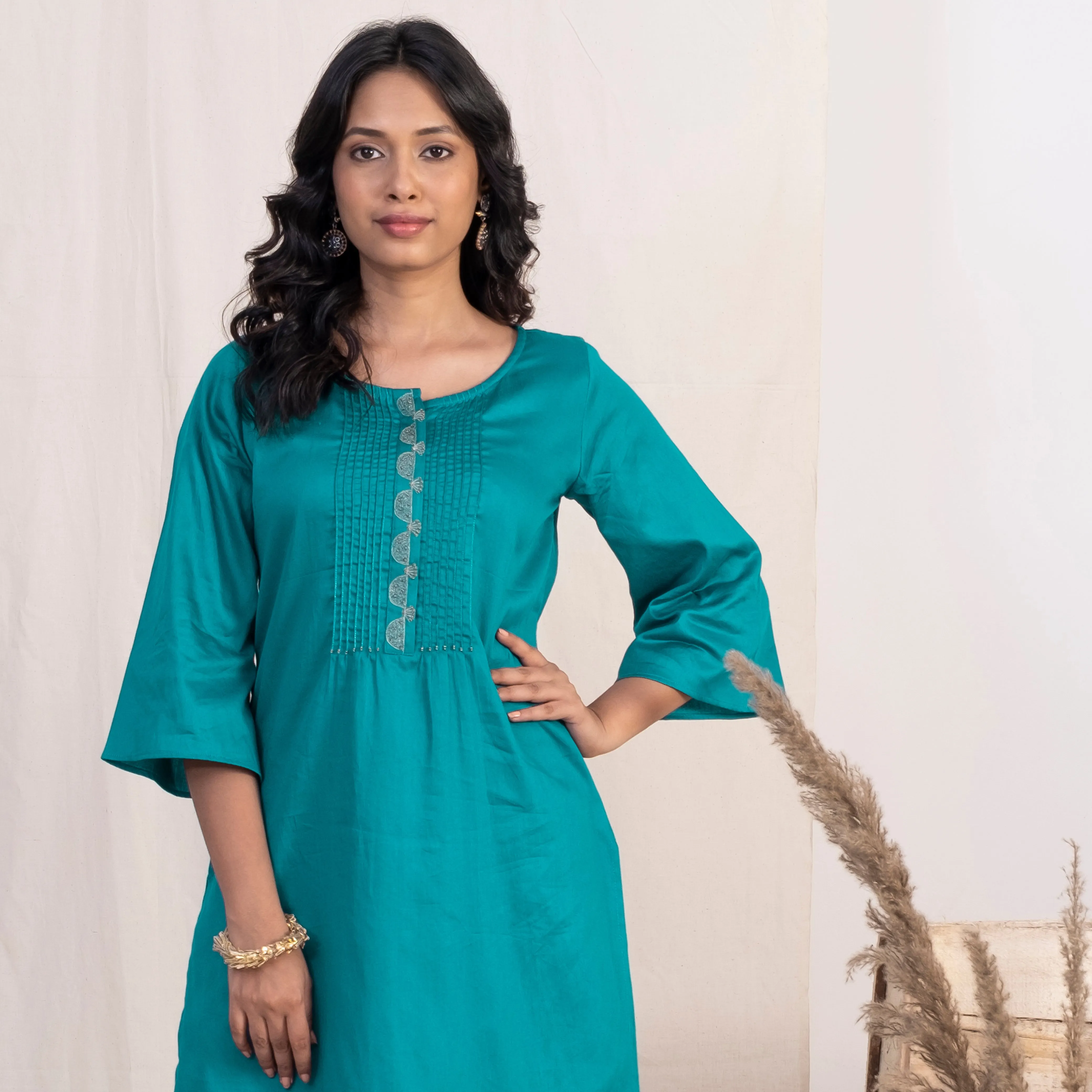 Akiso Blue Round Neck With Pintucks With Palazzo And Green Dupatta (Set of 3)