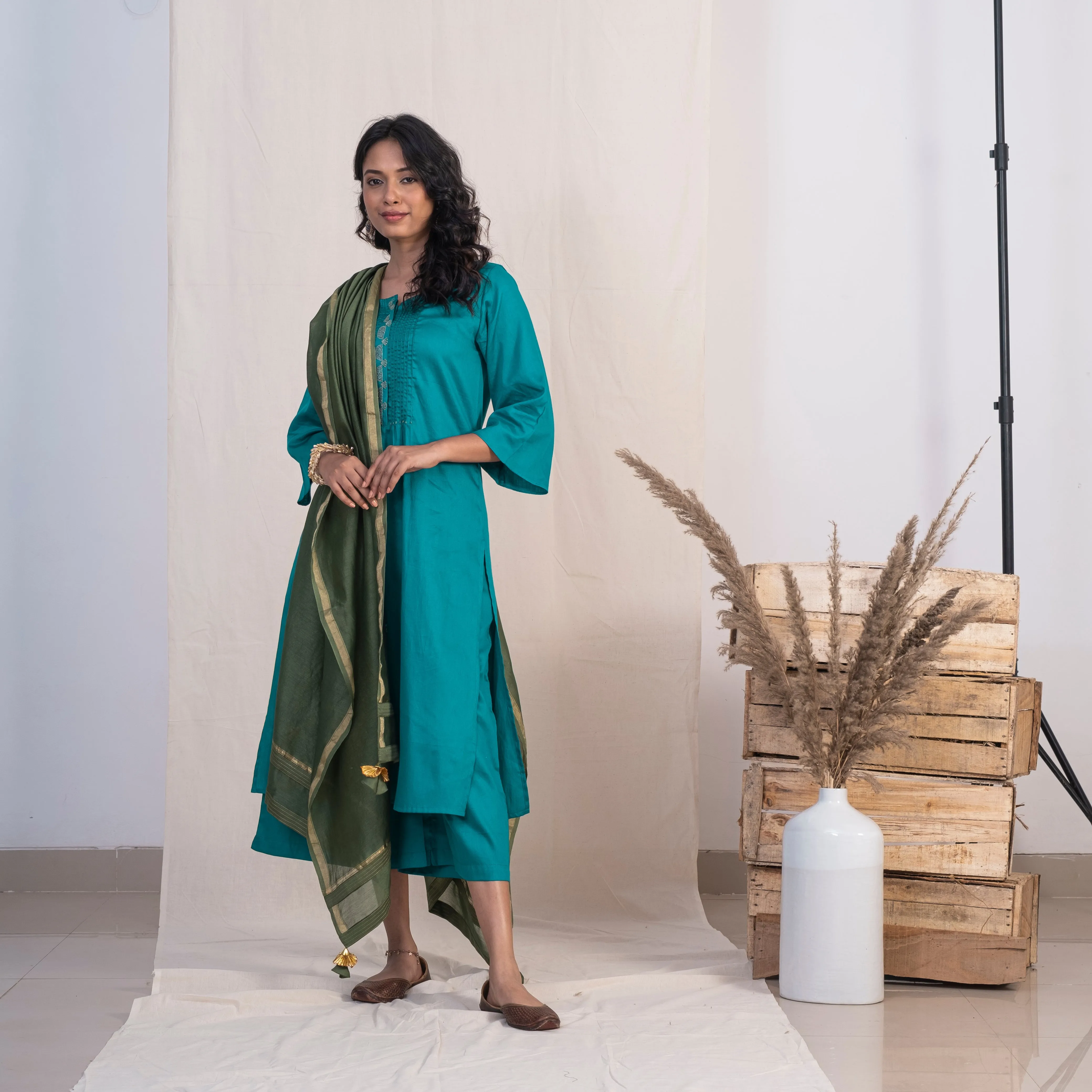 Akiso Blue Round Neck With Pintucks With Palazzo And Green Dupatta (Set of 3)