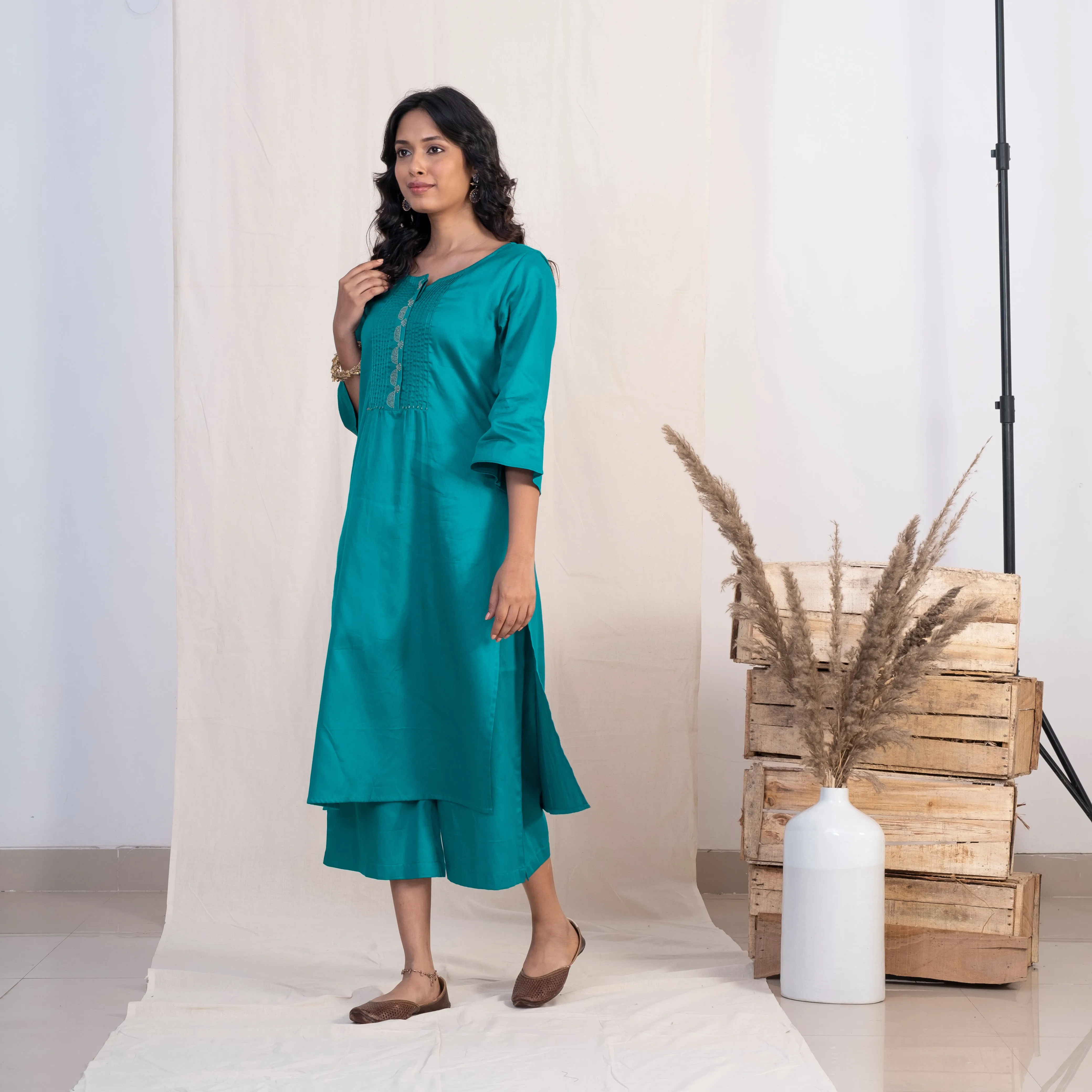 Akiso Blue Round Neck With Pintucks With Palazzo And Green Dupatta (Set of 3)
