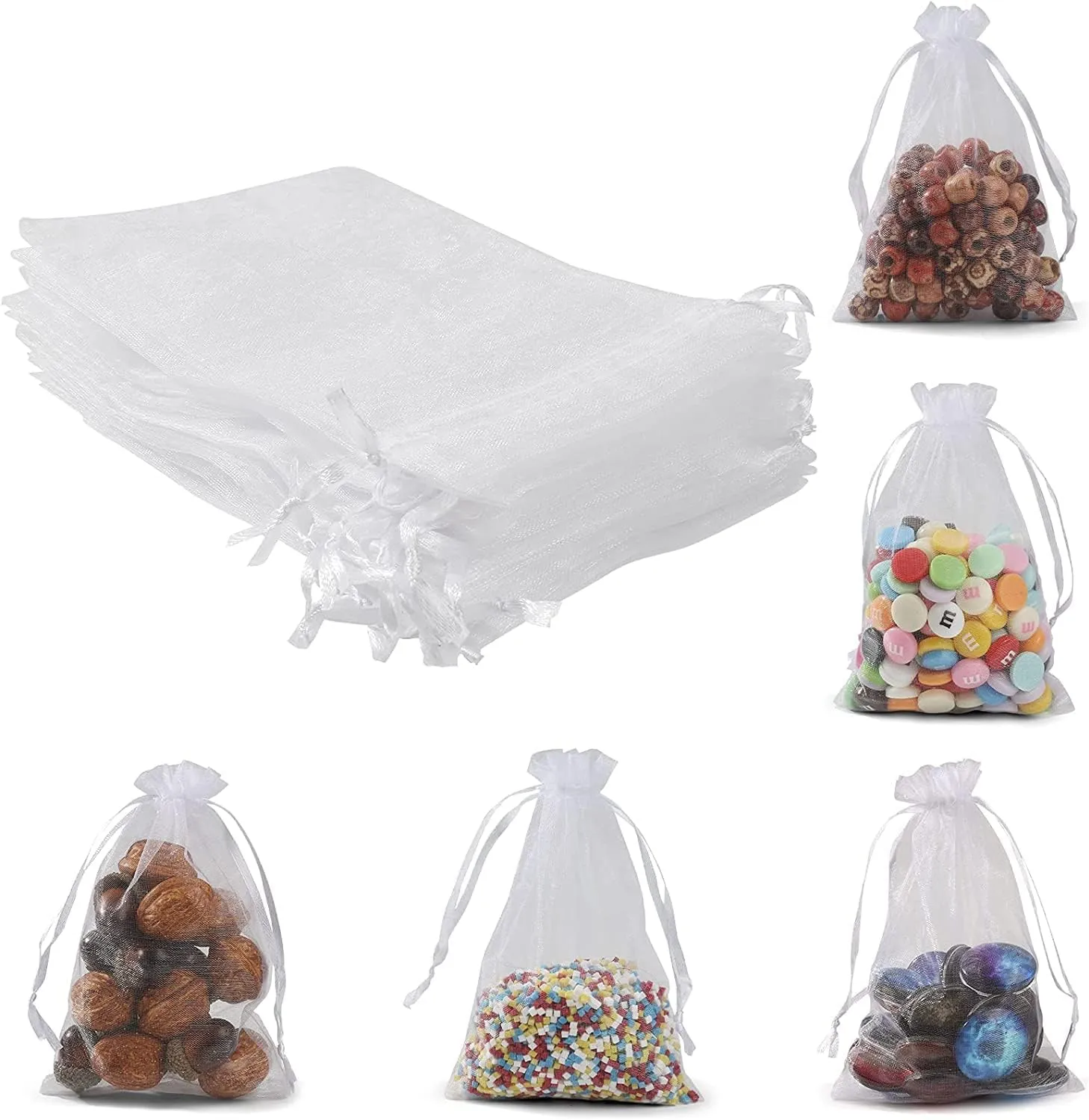 ANZNKU 50 Pack Organza Bags 5 x 7 Inch, White Sheer Favor Mesh Bags Drawstring, Gift Bag Small Size, Mesh Bag Drawstring For Wedding Party