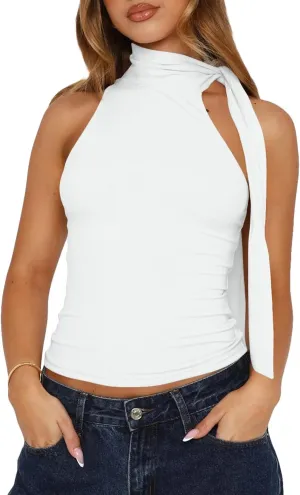 BAIGRAM Women Sexy Tie Up Halter High Neck Crop Tank Tops with Scarf Y2K Sleeveless Slim Fit Summer Going Out Shirts
