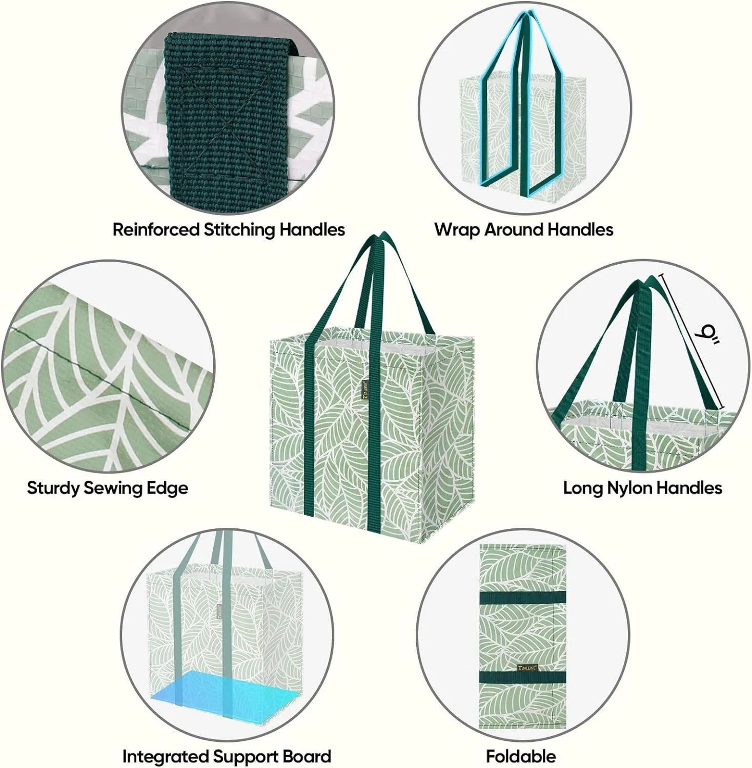 BALEINE 4 PK Grocery Bags Reusable Shopping Bags with Reinforced Bottom, Heavy Duty Foldable Tote Bags (Antique Folidage)