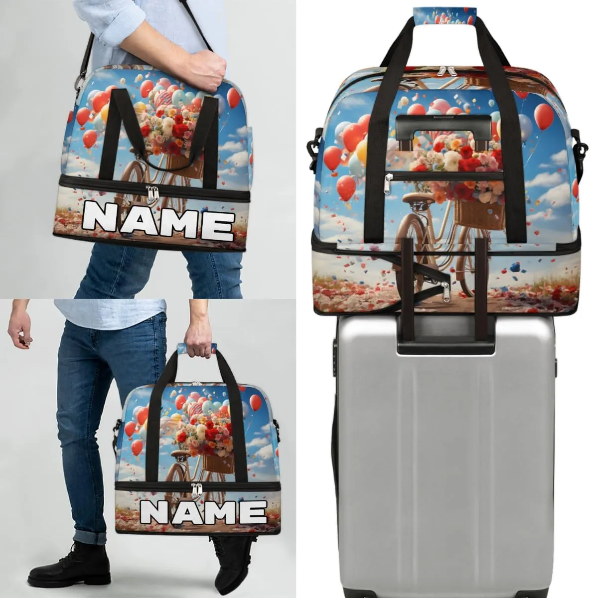 Balloon Bicycles Custom Foldable Duffle Bag with Shoes Compartment Personalized Large Capacity Waterproof Travel Weekender Bag Overnight Bag for Sports Gym