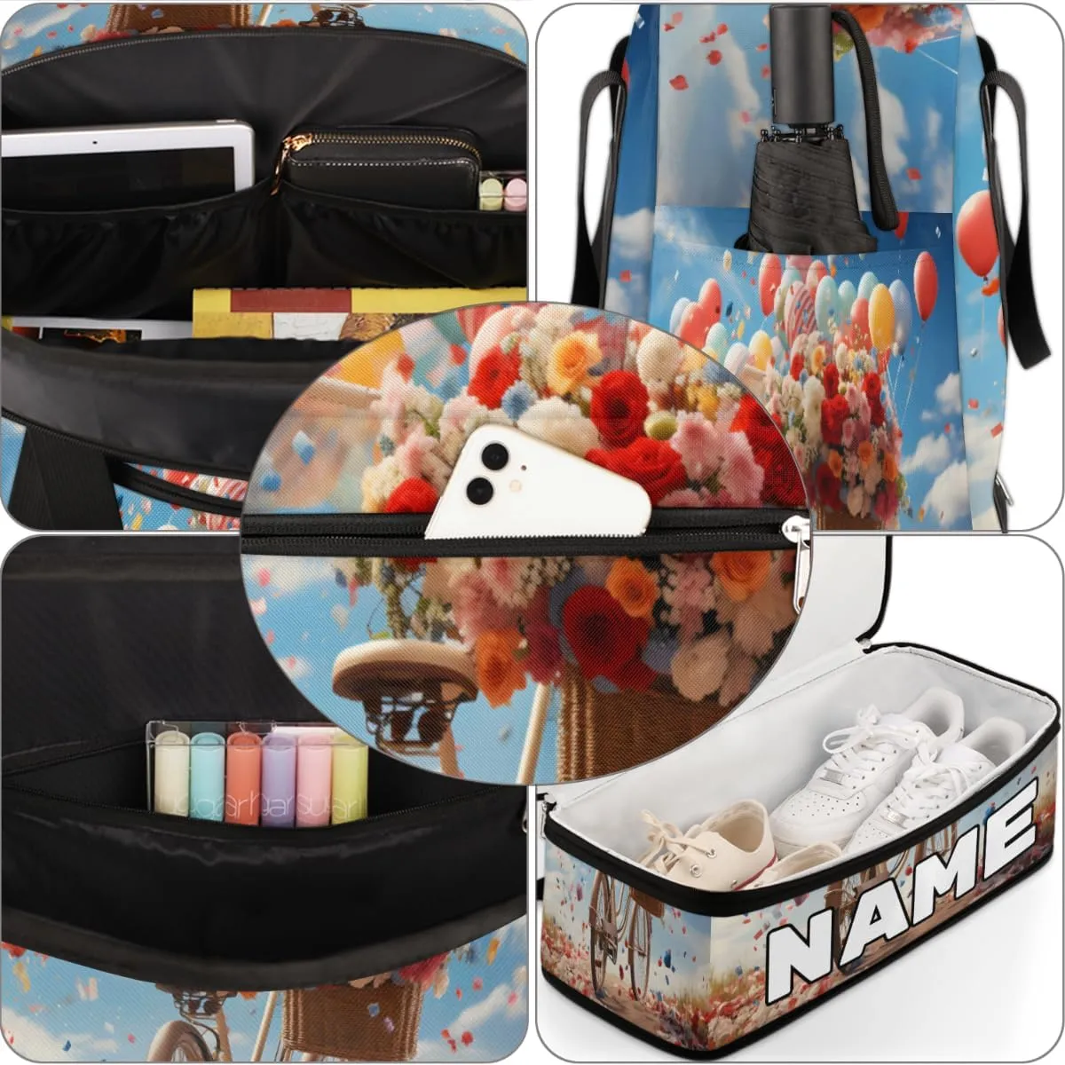 Balloon Bicycles Custom Foldable Duffle Bag with Shoes Compartment Personalized Large Capacity Waterproof Travel Weekender Bag Overnight Bag for Sports Gym
